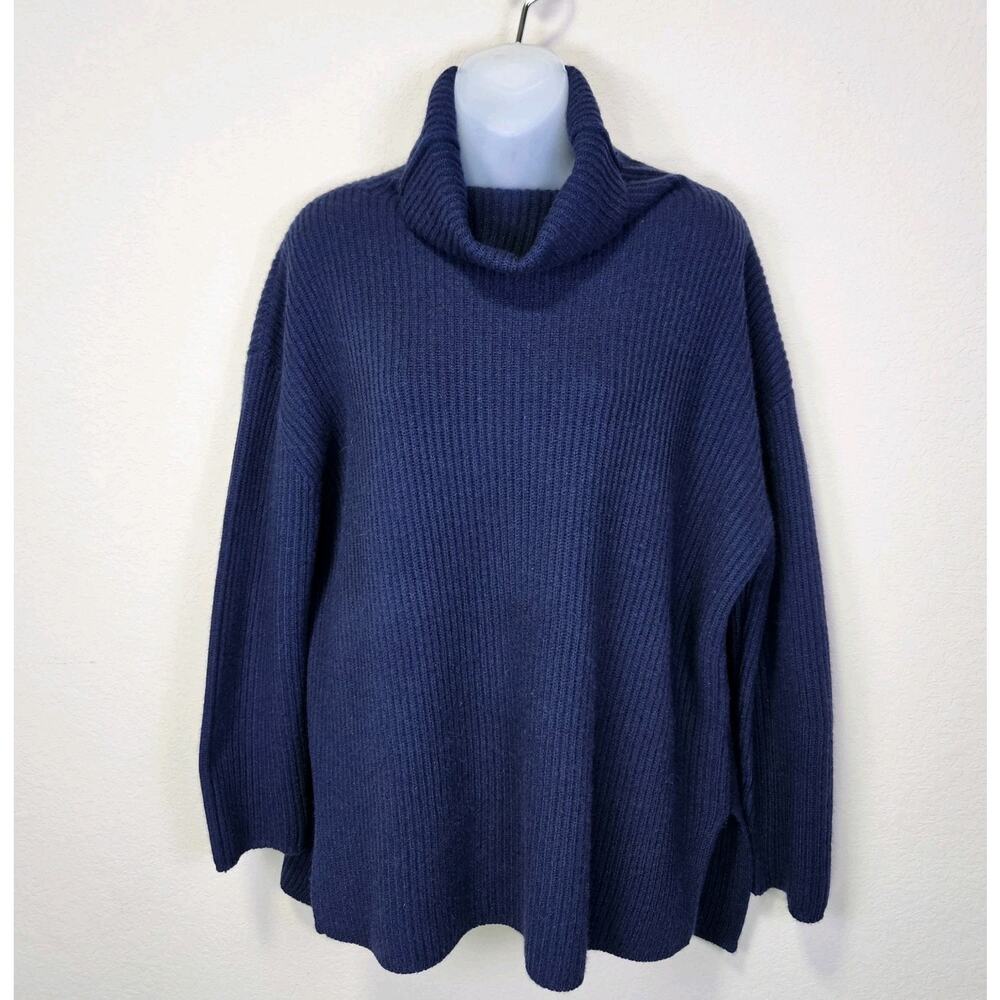 Nordstrom Signature 100% Cashmere Turtleneck Sweater Womens M Navy Ribbed Luxury